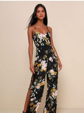 Lulu's Black Floral Wide-Leg Spaghetti Strap Jumpsuit